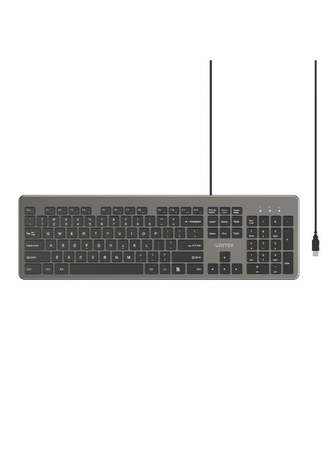 UNITEK SlimTap Ultra Light Wired Keyboard – 104 Keys, Silent Scissor-Switch, USB-A, Ergonomic Top-Raising Design (English/Arabic) - Image 4